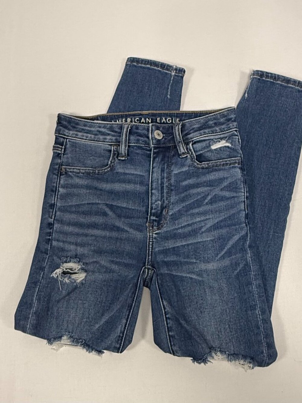 Distressed American Eagle Blue Denim Super Hi-Rise Jegging Crop Size 00 Short